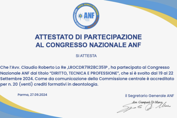 ATTESTATO DI PARTECIPAZIONE ANF 2024 Congresso Nazionale 19.20.21.22 settembre_CLAUDIO R. LO RE 2