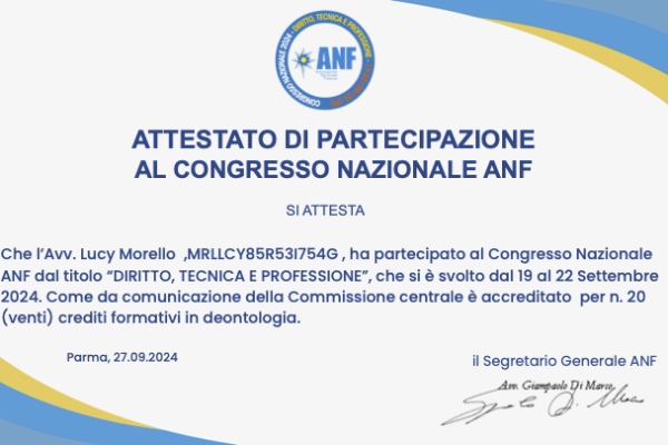 ATTESTATO DI PARTECIPAZIONE ANF Congresso Nazionale 19.20.21.22 settembre